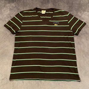 Lacoste Black with Green and White Stripes V-Neck T-Shirt Size 7